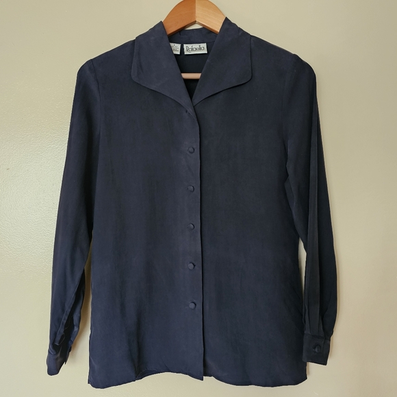 Vtg Rafaella 100% Silk Navy Blue Button Up Blouse Sz 4 Old Money Office Career - Picture 1 of 7